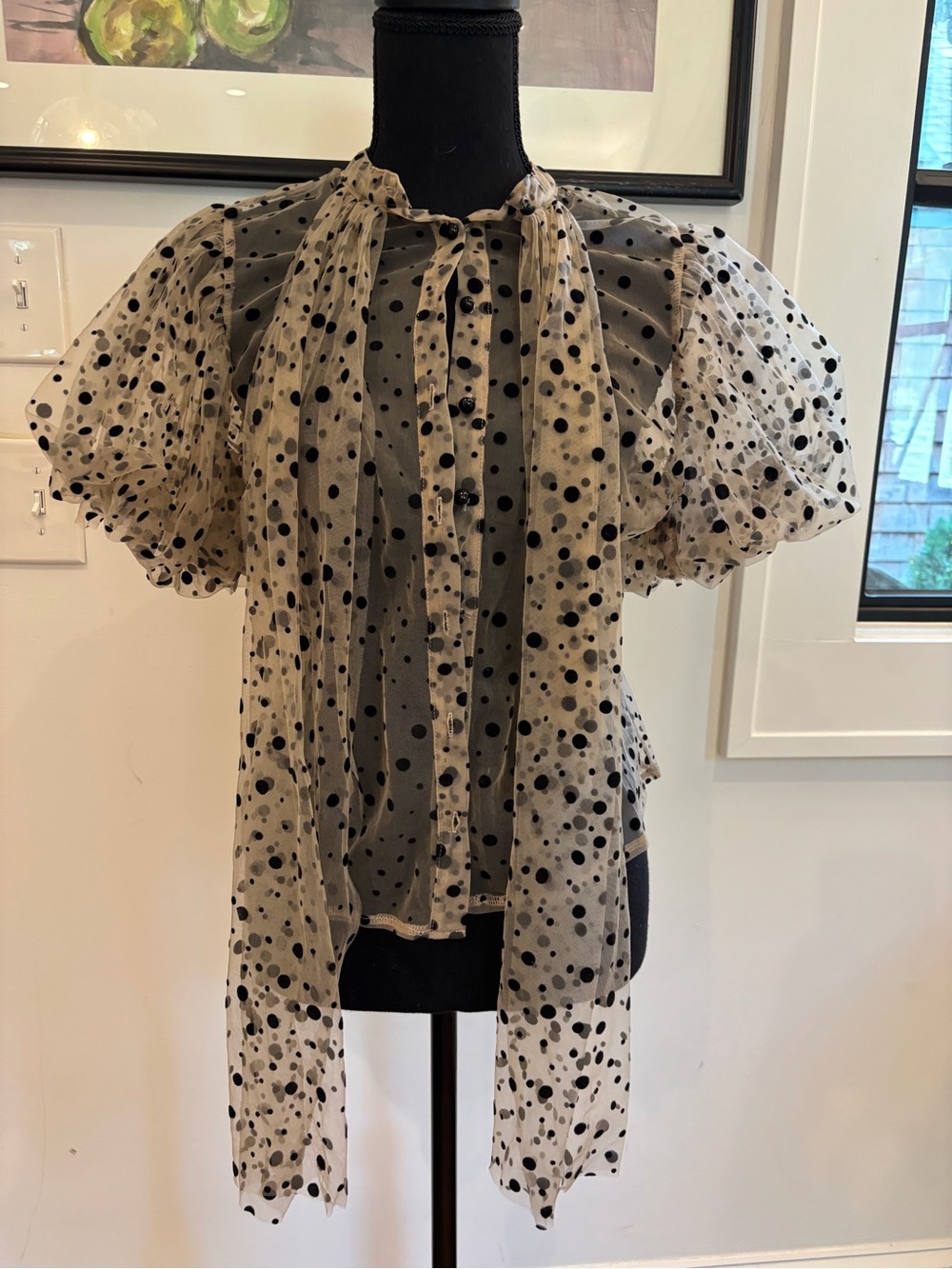 Haute Monde Sheer Polka Dot Puff Sleeve Blouse in Cream and Black